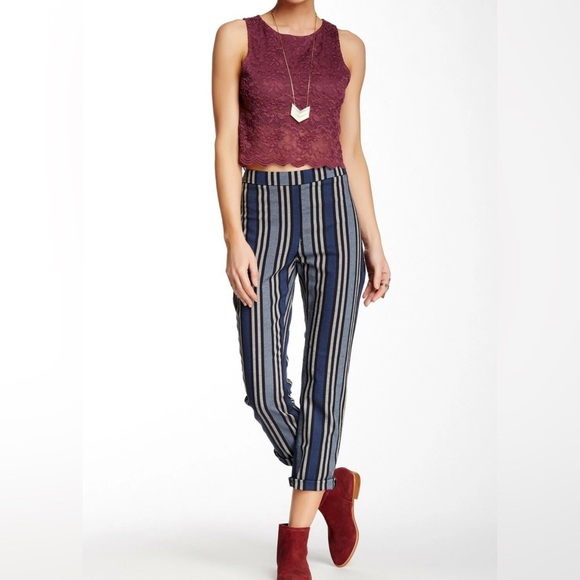 Free People Stripe Mod Linen Cotton Blend Cropped Pants Trousers Black Blue Sz4 - Picture 1 of 9